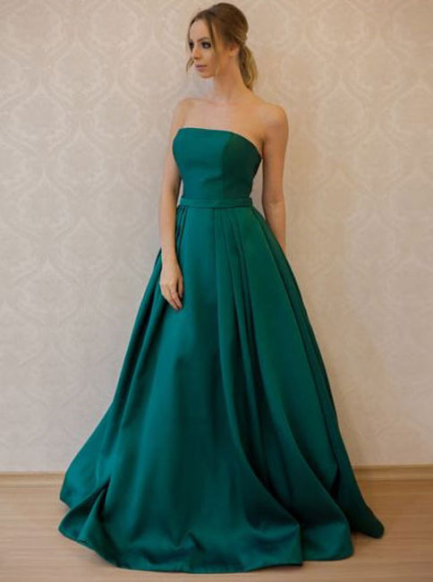Teal Prom Dresses,Pleated Satin Prom Dress,Strapless Prom Dress,PD00370