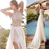 Trendy Halter Chiffon Lace Prom Dress,Evening Dress with Slit,Evening Dress with Appliques PD00158