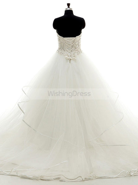 Tulle Aline Wedding Gown,White Wedding Dresses,Beaded Wedding Dress,Strapless Bridal Gown,WD00031