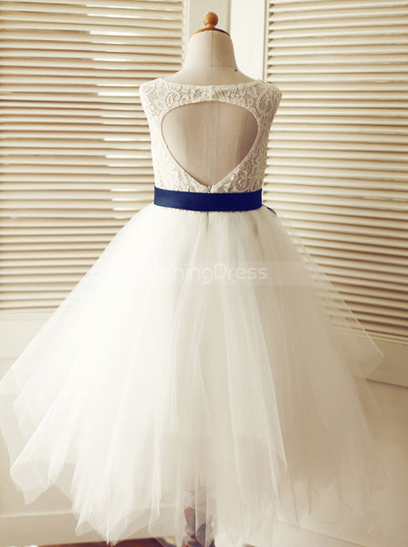 Tulle Flower Girl Dress with Ribbon,Cutout Flower Girl Dress,FD00098