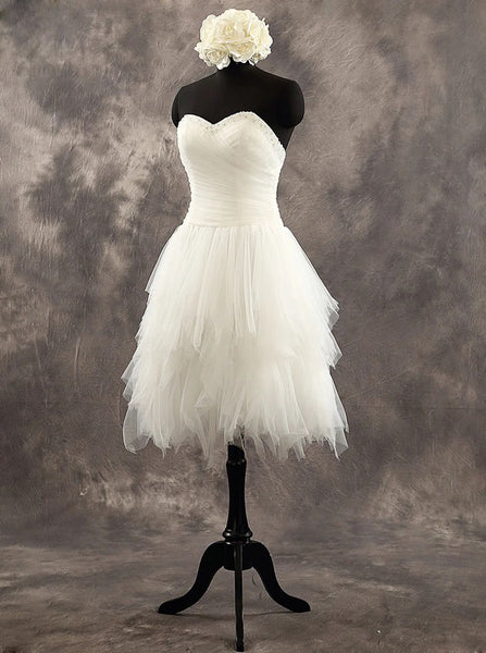 Tulle Knee Length Wedding Dresses with Ruffled Skirt,Strapless Outdoor Wedding Dress,WD00551
