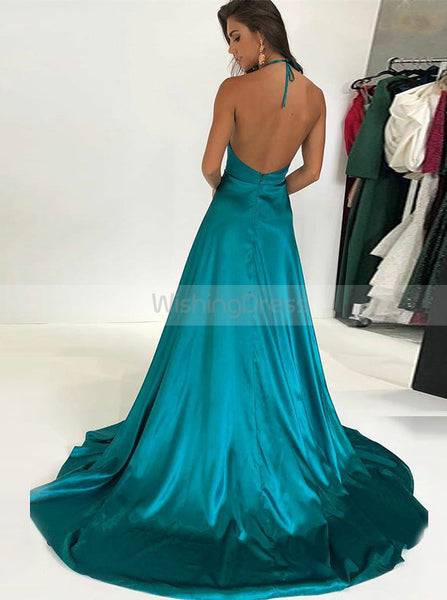 Turquoise Prom Dress,Halter Prom Dress with Train,Backless Evening Dress PD00026