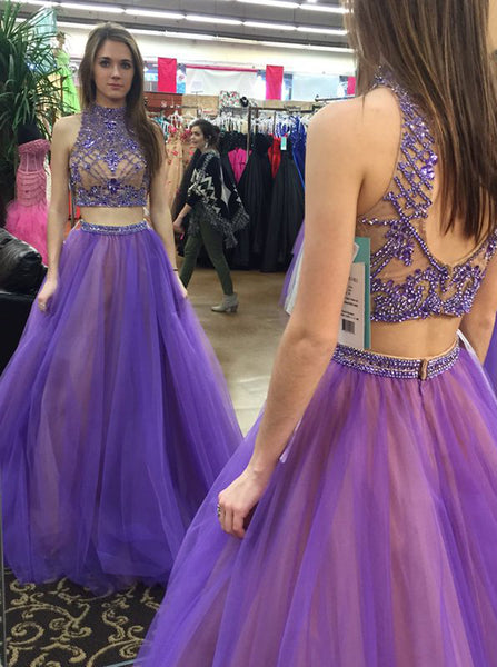 Two Piece A-line Prom Dress,Tulle Two Piece Evening Dress,Backless Prom Dress PD00101