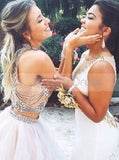 Two Piece A-line Prom Dress,Tulle Two Piece Evening Dress,Backless Prom Dress PD00101