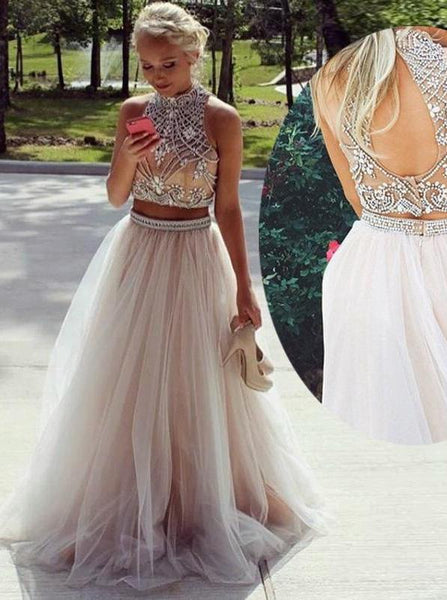 Two Piece A-line Prom Dress,Tulle Two Piece Evening Dress,Backless Prom Dress PD00101