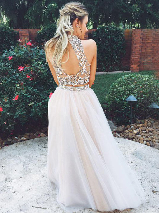 Two Piece A-line Prom Dress,Tulle Two Piece Evening Dress,Backless Pro