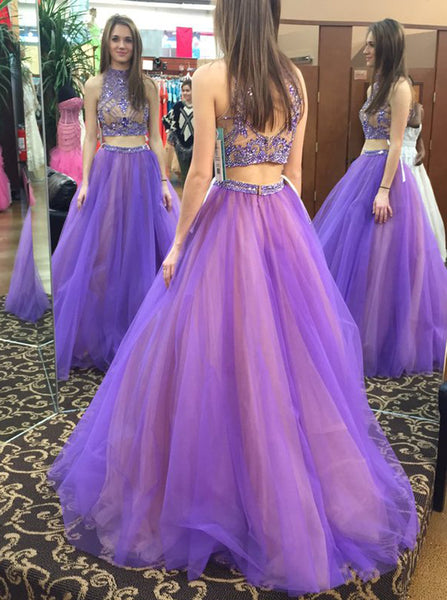 Two Piece A-line Prom Dress,Tulle Two Piece Evening Dress,Backless Prom Dress PD00101