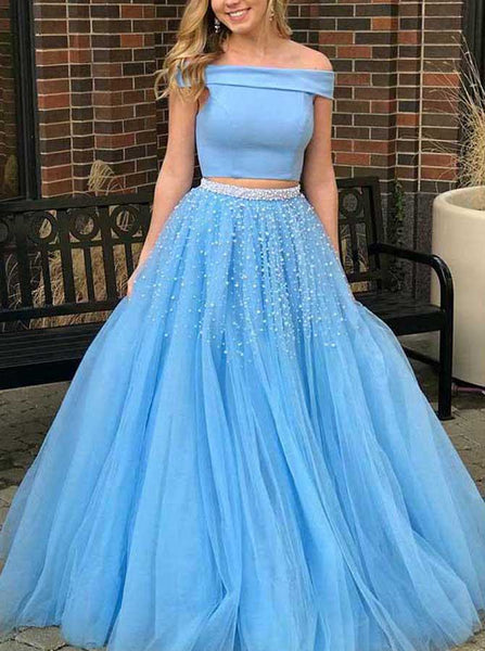 Two Piece Blue Prom Dresses,Princess Prom Dress,Off the Shoulder Evening Dress,PD00425