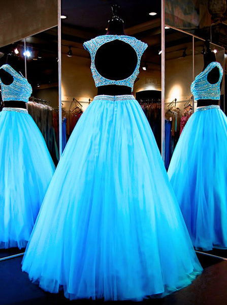 Two Piece Blue Prom Gown,Tulle Long Prom Dress,Prom Dress for Teens PD00086