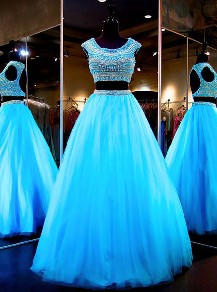 Two Piece Blue Prom Gown,Tulle Long Prom Dress,Prom Dress for Teens PD00086
