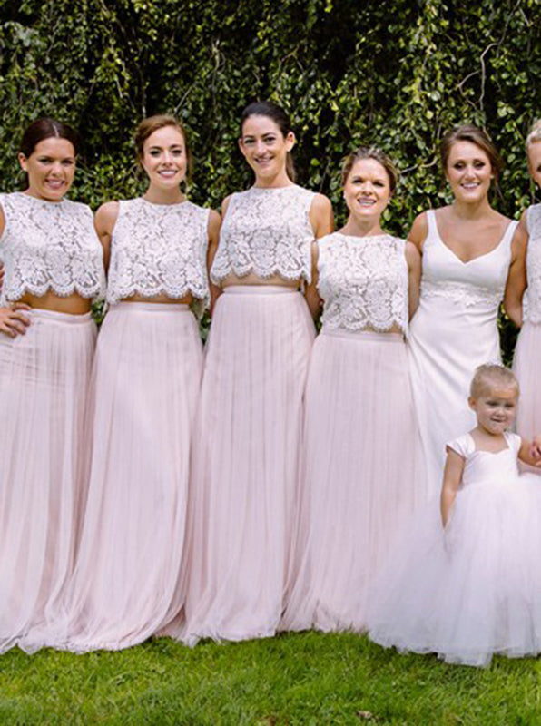 Two Piece Bridesmaid Dress,Blush Pink Long Bridesmaid Dress,Tulle Brid