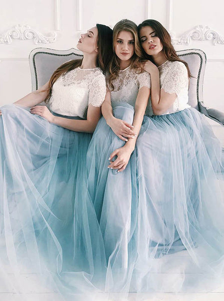 Two Piece Bridesmaid Dress with Short Sleeves,Tulle Bridesmaid Dress,Long Bridesmaid Dress,BD00160