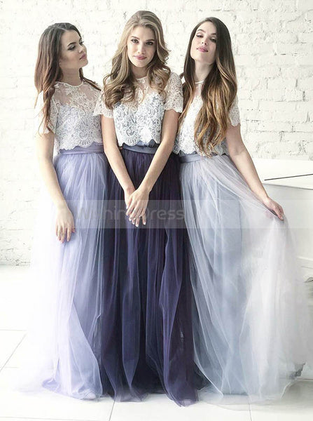 Two Piece Bridesmaid Dress with Short Sleeves,Tulle Bridesmaid Dress,Long Bridesmaid Dress,BD00160