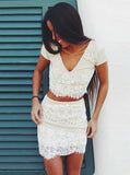 Two Piece Cocktail Dresses,Lace Cocktail Dress,Short Sleeves Cocktail Dress,CD00051