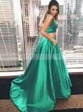 Two Piece Green Prom Dress,Elastic Satin Green Prom Dress,Long Prom Dress with Pocket PD00004