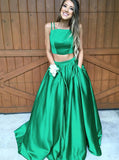 Two Piece Green Prom Dress,Elastic Satin Green Prom Dress,Long Prom Dress with Pocket PD00004