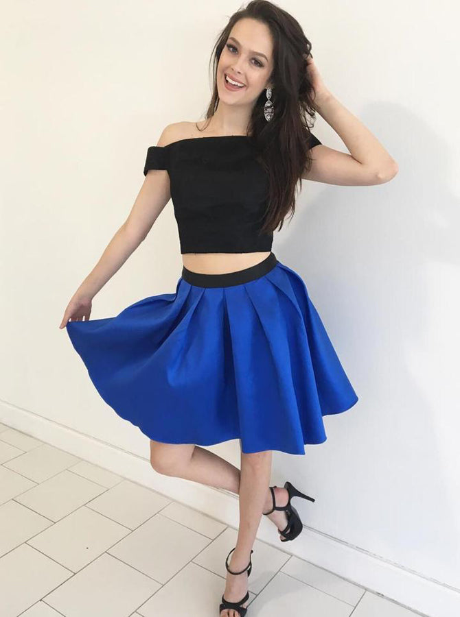 Two Piece Black Royal Blue Homecoming Dress,Off the Shoulder Cocktail