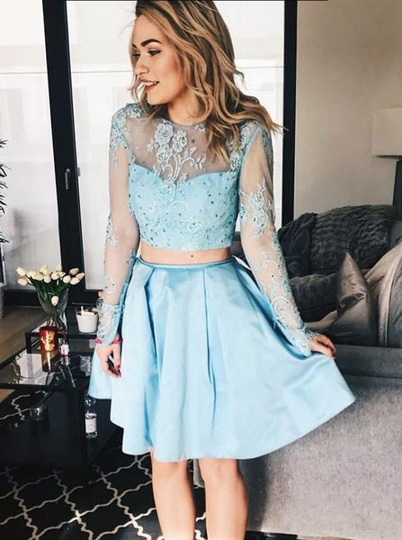 Two Piece Homecoming Dresses,Blue Homecoming Dress,Homecoming Dress with Long Sleeves,HC00074