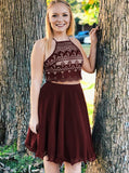 Two Piece Homecoming Dresses,Burgundy Homecoming Dress,Short Homecoming Dress,HC00088