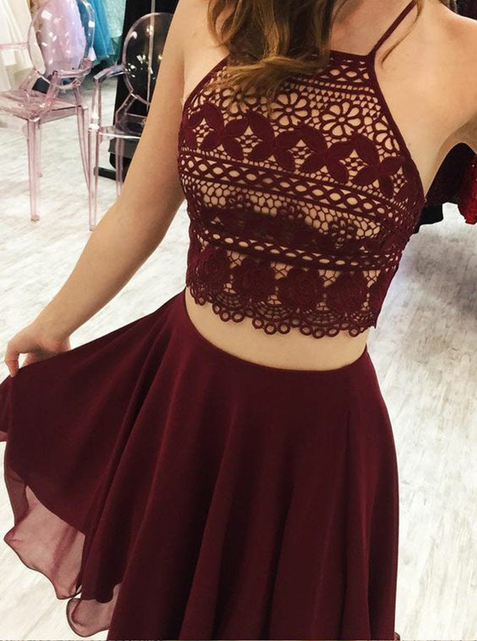 Two Piece Homecoming Dresses,Burgundy Homecoming Dress,Short Homecomin