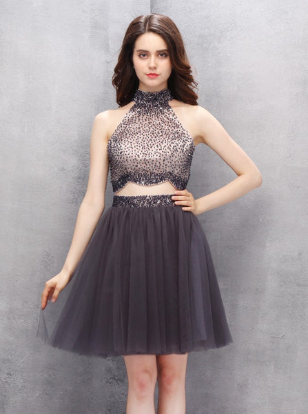 Two Piece Homecoming Dresses,Grey Homecoming Dress,High Neck Homecoming Dresses,HC00059