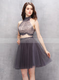 Two Piece Homecoming Dresses,Grey Homecoming Dress,High Neck Homecoming Dresses,HC00059
