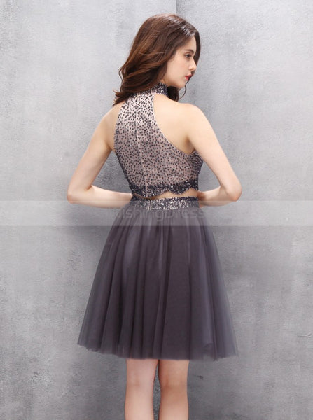 Two Piece Homecoming Dresses,Grey Homecoming Dress,High Neck Homecoming Dresses,HC00059