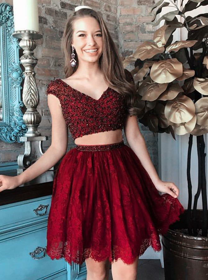 Two Piece Homecoming Dresses,Lace Homecoming Dress,Burgundy Homecoming