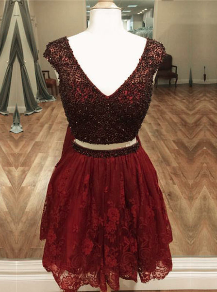 Two Piece Homecoming Dresses,Lace Homecoming Dress,Burgundy Homecoming Dress,HC00179