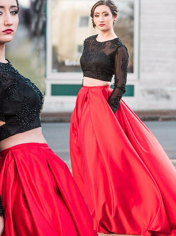Two Piece Long Sleeves Prom Dress,Backless Prom Dress,Prom Dress with Pockets PD00164