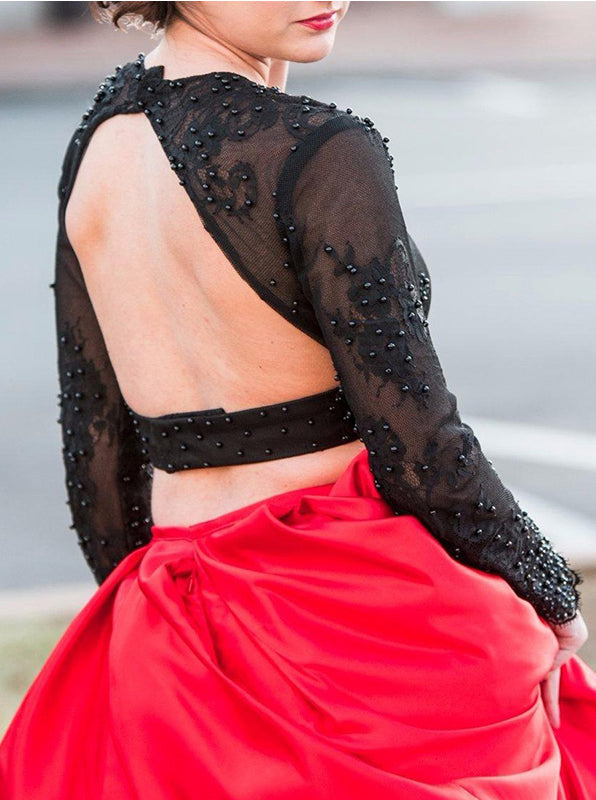 long sleeve prom dresses with pockets Glitter-Lace Long Prom Dress with Long Sleeves Dark Mauve / 12