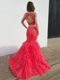 Two Piece Mermaid Tulle Prom Dress,Ruffled Tulle Evening Gown,Charming Girls Party Dress PD00136