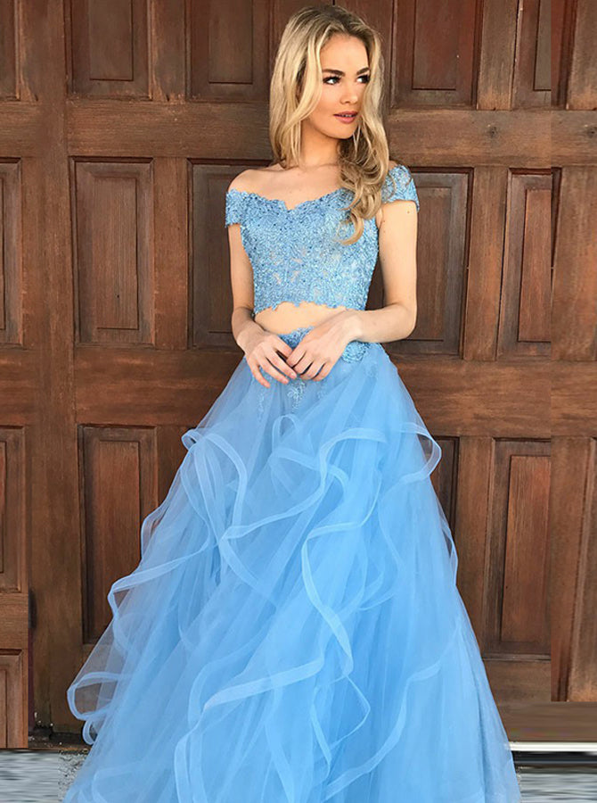 Two Piece Prom Dress for Teens,Blue Tulle Prom Dress,Off the Shoulder