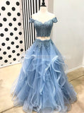 Two Piece Prom Dress for Teens,Blue Tulle Prom Dress,Off the Shoulder Prom Dress PD00075