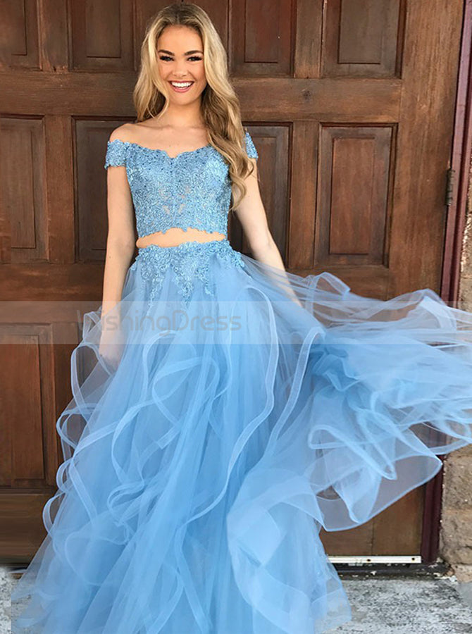 Two Piece Prom Dress for Teens,Blue Tulle Prom Dress,Off the Shoulder Prom Dress PD00075 Custom Size / Blue