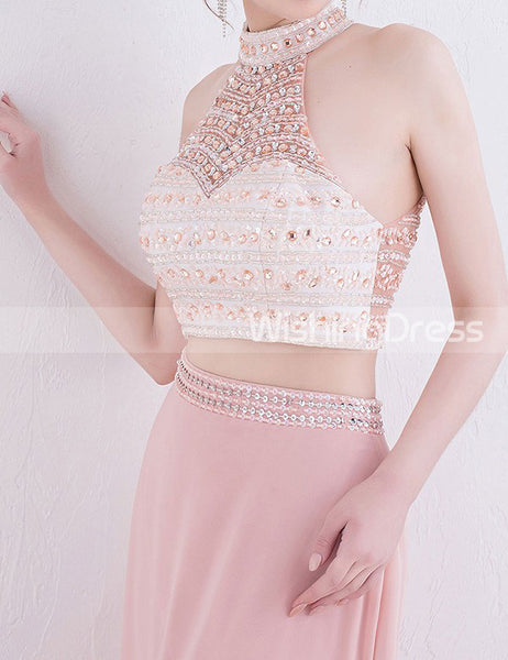 Two Piece Prom Dresses,High Neck Prom Dress,Long Prom Dress,Prom Dress with Slit,PD00238