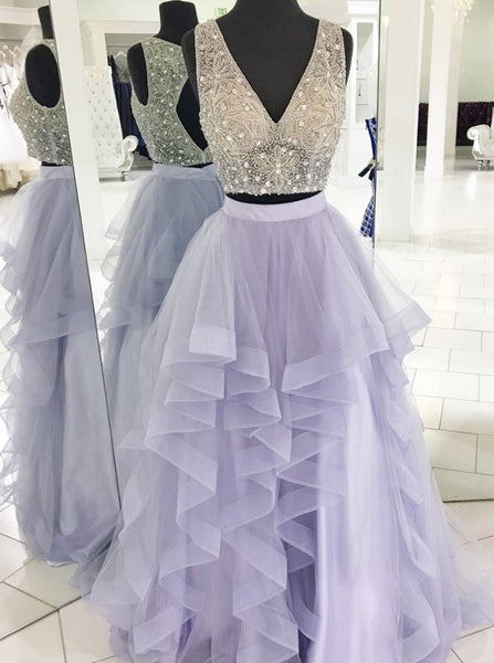 Two Piece Prom Dresses,Lilac Prom Dress,Tulle Prom Dress,PD00348