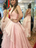 Two Piece Prom Dresses,Pink Prom Dress for Teens,Simple Full Length Prom Dress,PD00355
