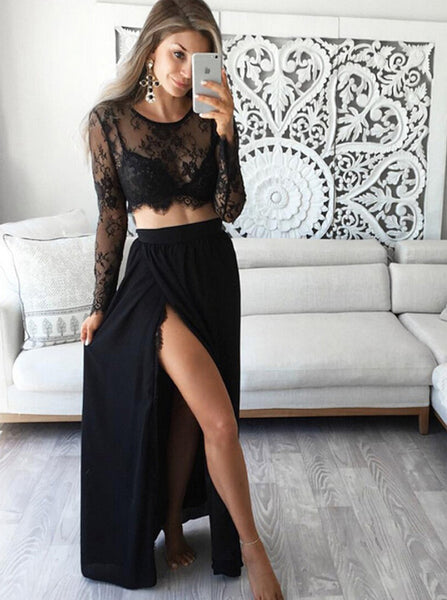 Two Piece Prom Dresses,Prom Dress with Sleeves,Black Prom Dress,Sexy Prom Dress,PD00240