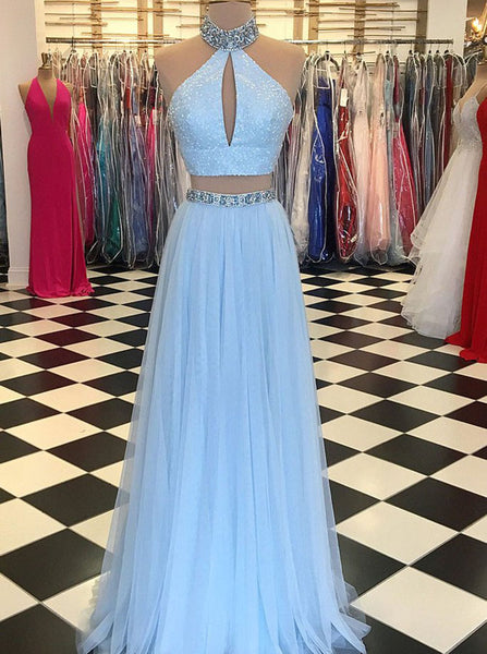Two Piece Prom Dresses,SkyBlue Prom Dresses,Halter Prom Dress,PD00342