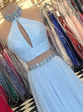 Two Piece Prom Dresses,SkyBlue Prom Dresses,Halter Prom Dress,PD00342