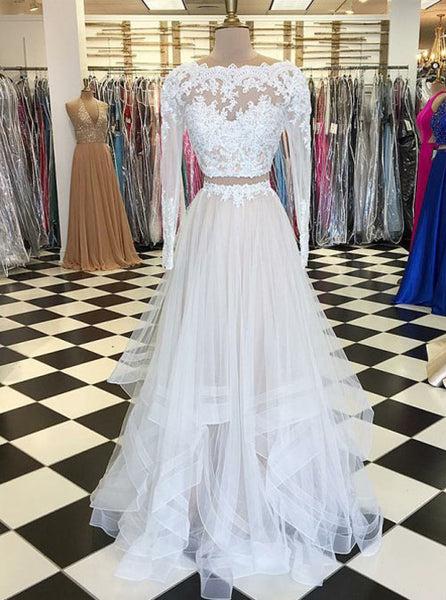 Two Piece Prom Dresses with Long Sleeves,Ivory Long Prom Dress,PD00401