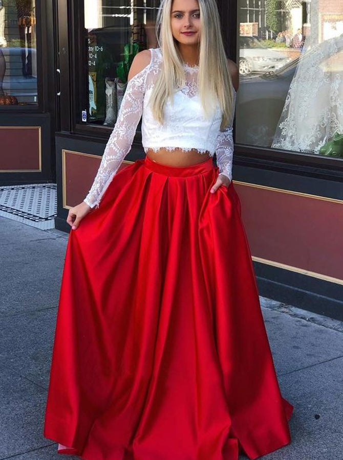 Two Piece Prom Dresses with Sleeves,Satin Long Prom Dress for Teens,PD00443 US12 / Royal Blue