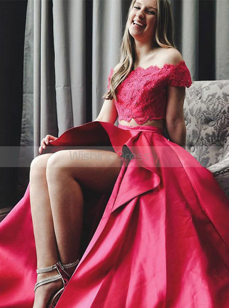 Two Piece Prom Gown,Off the Shoulder Prom Dress,Satin Prom Dress with Pockets PD00094