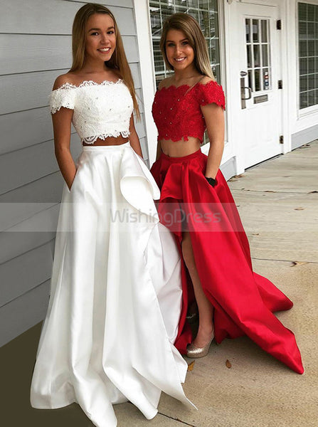Two Piece Prom Gown,Off the Shoulder Prom Dress,Satin Prom Dress with Pockets PD00094