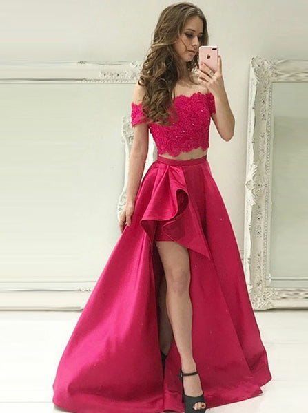 Two Piece Prom Gown,Off the Shoulder Prom Dress,Satin Prom Dress with Pockets PD00094