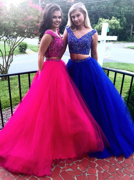Two Piece Prom Gowns,Tulle Prom Gown For Teens,Beaded Prom Gown,PD00352