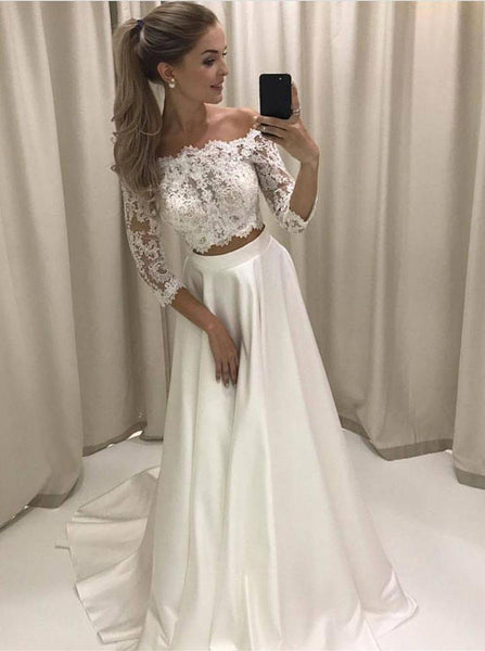 Two Piece Wedding Dresses,Off the Shoulder Wedding Dresses,Wedding Dress with Sleeves,WD00183