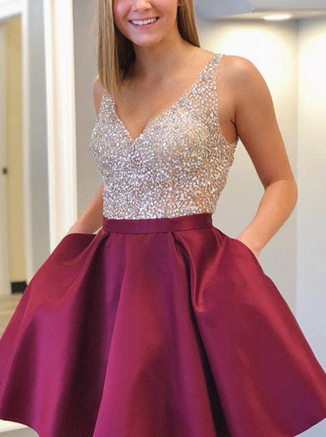 A-line Homecoming Dress,Cocktail Dress with Pockets,Sparkly Sweet 16 D