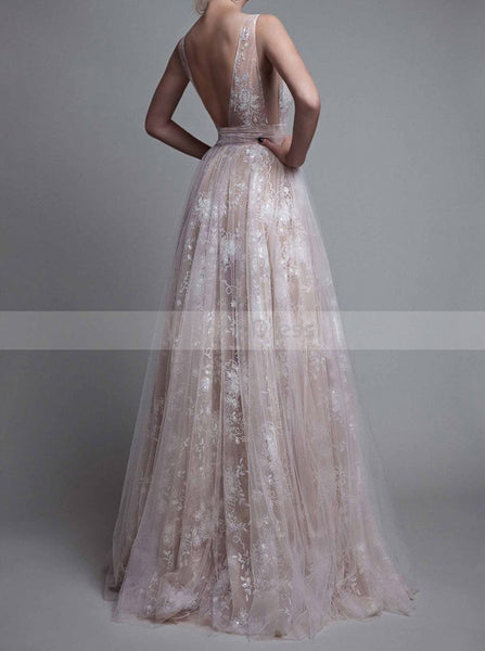 V Neckline Long Prom Dress,Tulle Lace Prom Dress,Floor Length Prom Dress with Open Back PD00009